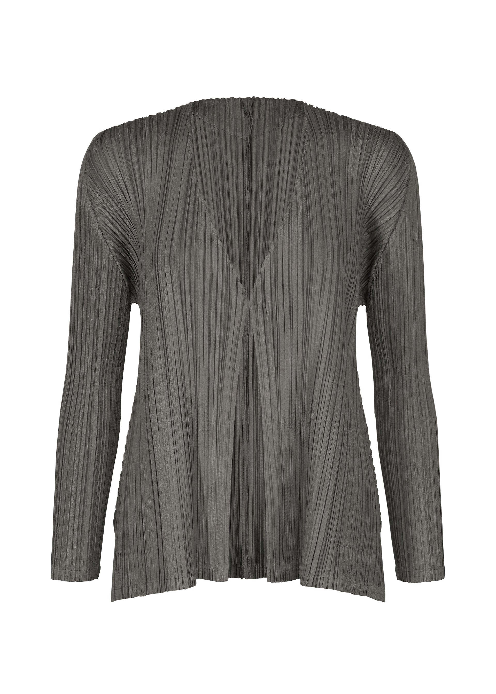 Zoomed view The MELLOW PLEATS cardigan by PLEATS PLEASE ISSEY MIYAKE is a long-sleeved, charcoal gray piece crafted from soft-textured fabric, featuring delicate pleats, an open front with a subtle V-neckline, and convenient pockets. - CHARCOAL （no.17）