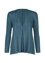 The MELLOW PLEATS long-sleeve blouse by PLEATS PLEASE ISSEY MIYAKE features a deep V-neckline, open front, and soft-textured vertical pleats. Its loose, flowy fit offers the relaxed elegance of a cardigan in a signature teal hue. - CERULEAN BLUE （no.53）