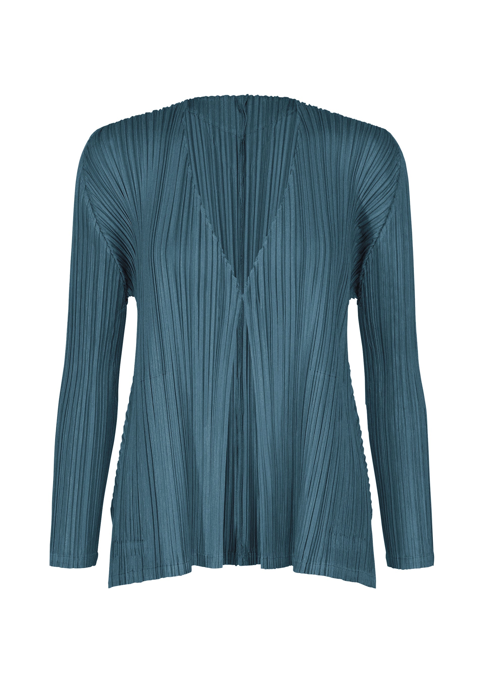 Zoomed view The MELLOW PLEATS long-sleeve blouse by PLEATS PLEASE ISSEY MIYAKE features a deep V-neckline, open front, and soft-textured vertical pleats. Its loose, flowy fit offers the relaxed elegance of a cardigan in a signature teal hue. - CERULEAN BLUE （no.53）