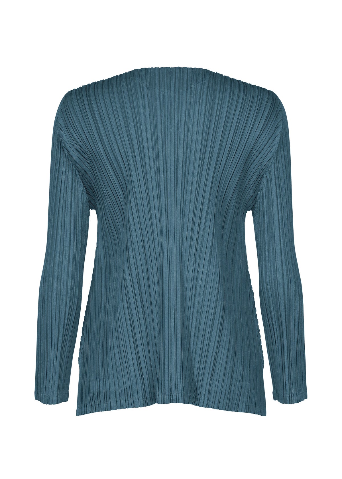 Back view of the MELLOW PLEATS teal long-sleeve top by PLEATS PLEASE ISSEY MIYAKE, crafted from soft-textured fabric with signature vertical pleats and a clean, unembellished finish. view 4 of 9