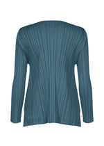 Back view of the MELLOW PLEATS teal long-sleeve top by PLEATS PLEASE ISSEY MIYAKE, crafted from soft-textured fabric with signature vertical pleats and a clean, unembellished finish.