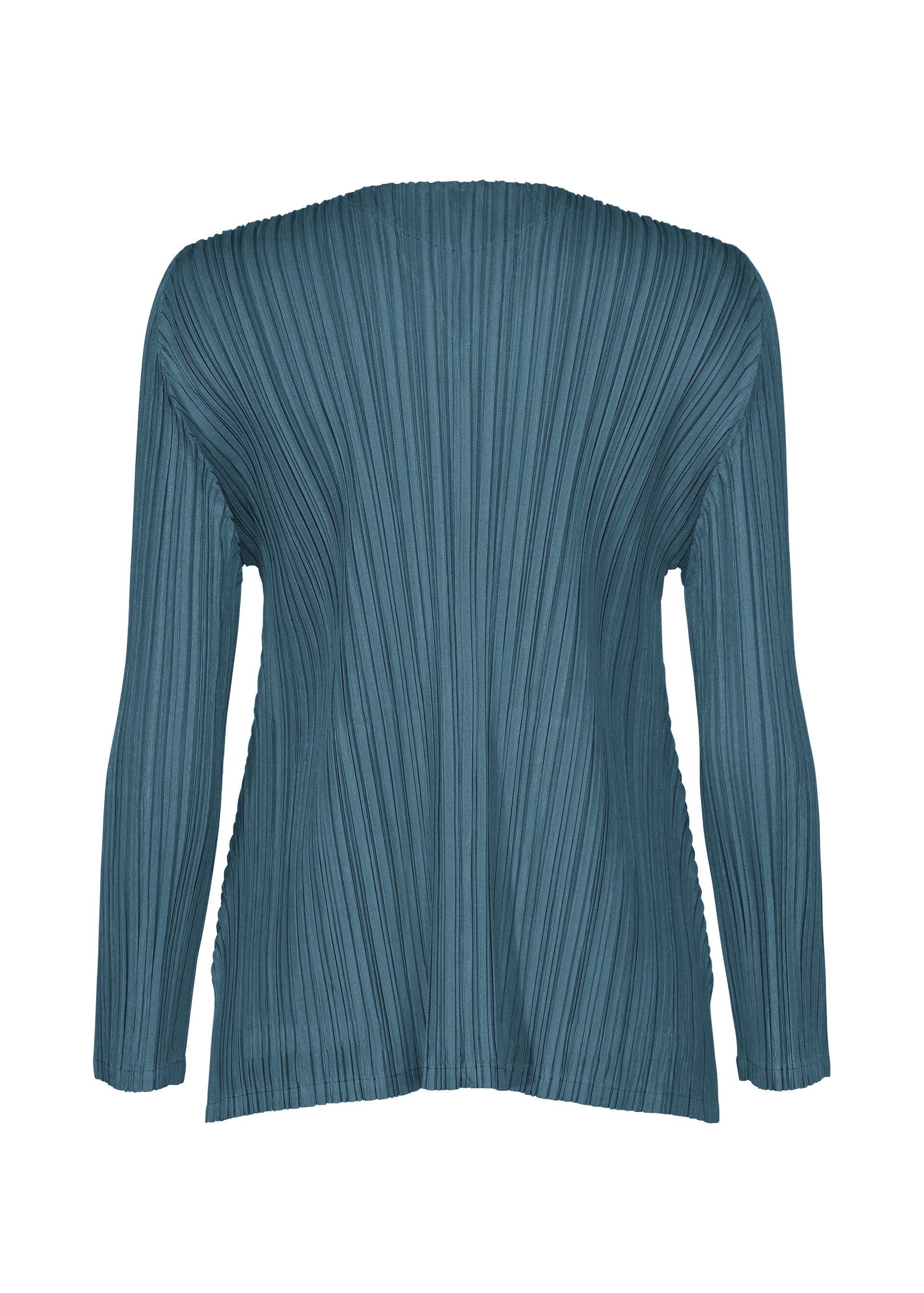 Zoomed view Back view of the MELLOW PLEATS teal long-sleeve top by PLEATS PLEASE ISSEY MIYAKE, crafted from soft-textured fabric with signature vertical pleats and a clean, unembellished finish.
