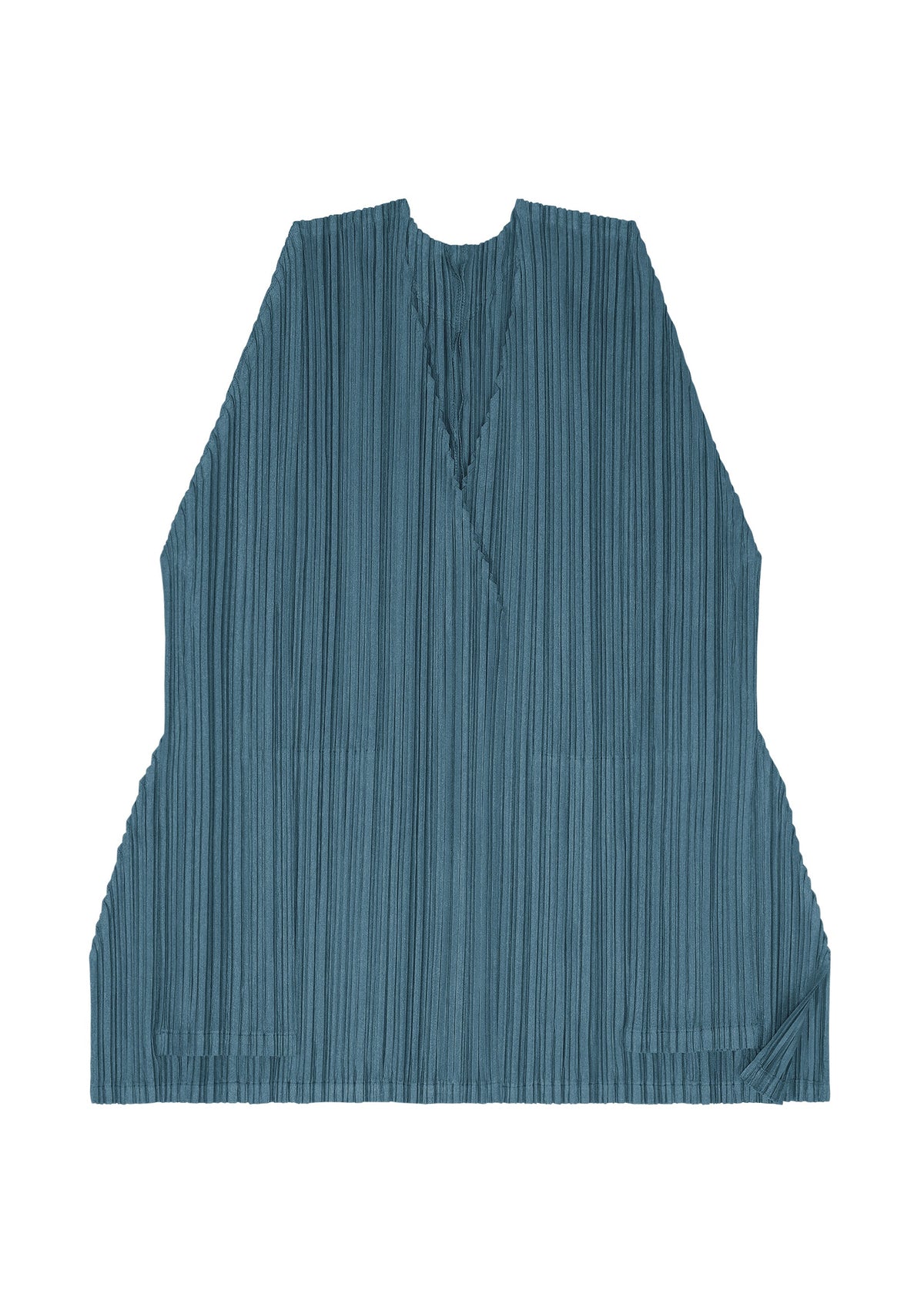 The MELLOW PLEATS tunic from PLEATS PLEASE ISSEY MIYAKE is a teal, long-sleeved top featuring delicate pleats, a V-neckline, and a wide, relaxed fit. Made from soft-textured fabric, it is shown laid flat on a white background. view 5 of 9