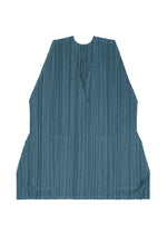 The MELLOW PLEATS tunic from PLEATS PLEASE ISSEY MIYAKE is a teal, long-sleeved top featuring delicate pleats, a V-neckline, and a wide, relaxed fit. Made from soft-textured fabric, it is shown laid flat on a white background.