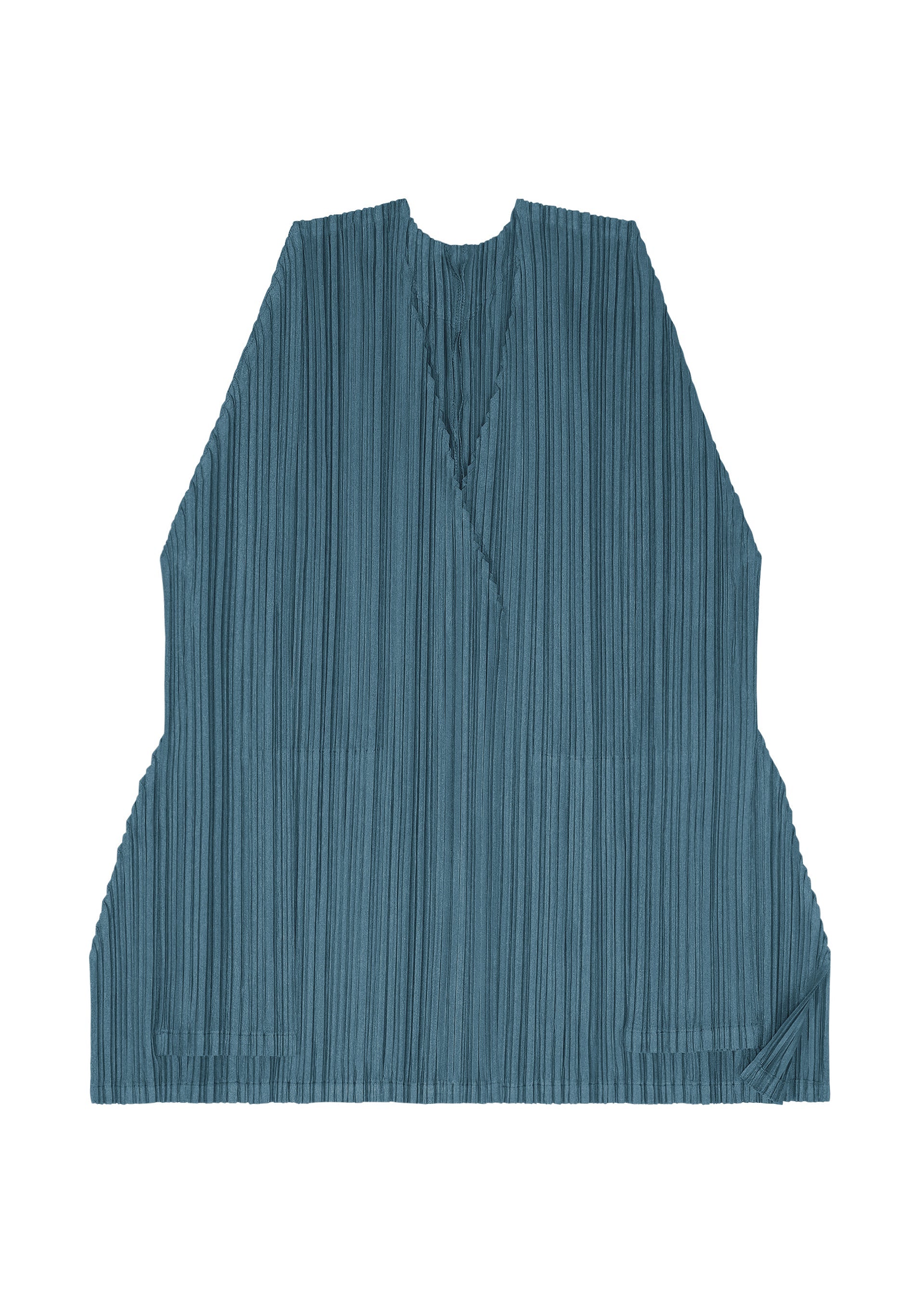 Zoomed view The MELLOW PLEATS tunic from PLEATS PLEASE ISSEY MIYAKE is a teal, long-sleeved top featuring delicate pleats, a V-neckline, and a wide, relaxed fit. Made from soft-textured fabric, it is shown laid flat on a white background.