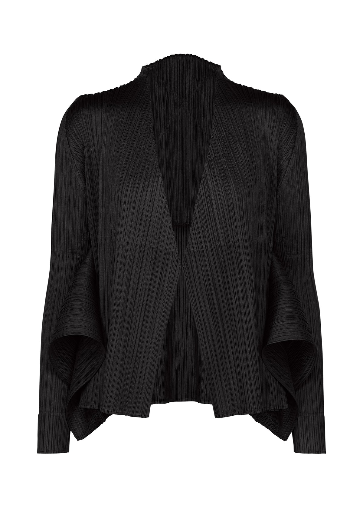 Zoomed view The FLUTTER cardigan by PLEATS PLEASE ISSEY MIYAKE features black pleats, an open-front design, wide draped sleeves, and an asymmetrical hem, showcased against a plain white background. - BLACK （no.15）
