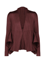 FLUTTER by PLEATS PLEASE ISSEY MIYAKE is a burgundy open-front jacket crafted from pleated fabric, featuring wide sleeves and a high collar. This unique cardigan showcases an asymmetrical hem for a modern, structured silhouette.