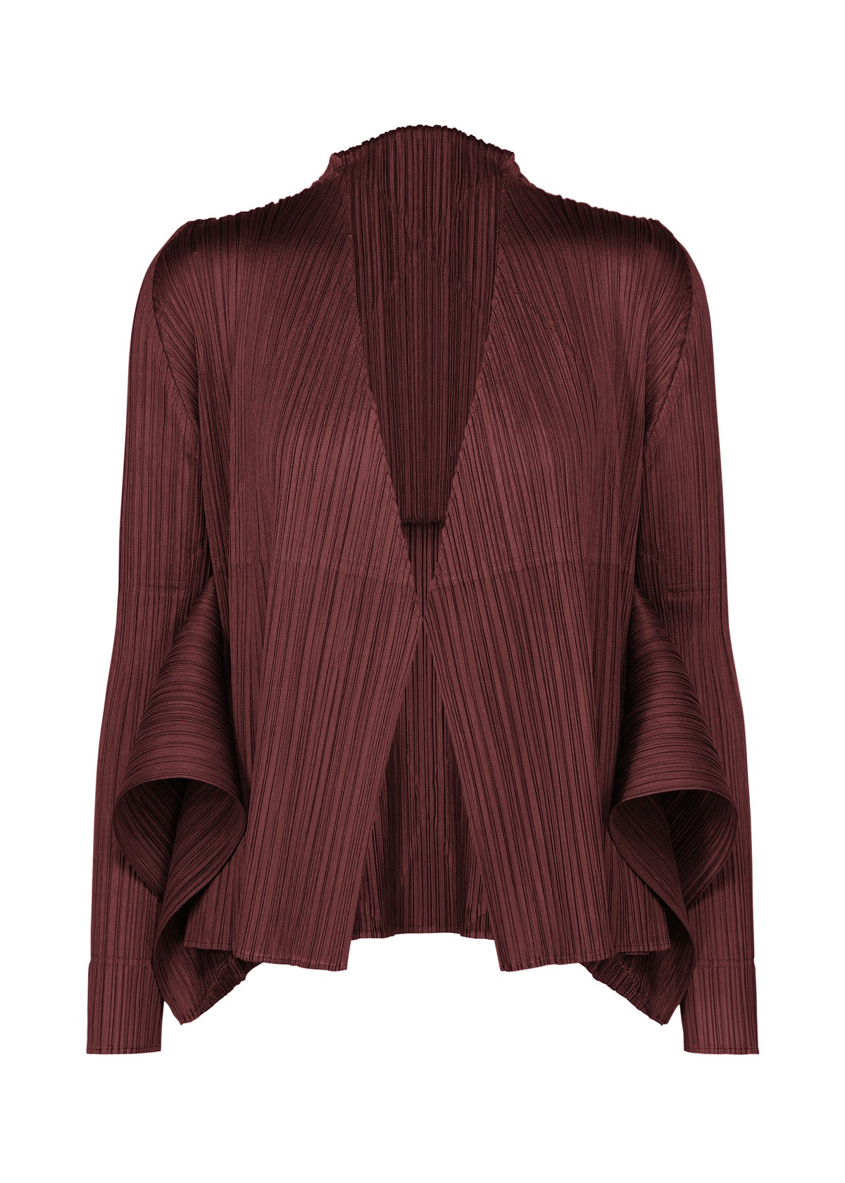 Zoomed view FLUTTER by PLEATS PLEASE ISSEY MIYAKE is a burgundy open-front jacket crafted from pleated fabric, featuring wide sleeves and a high collar. This unique cardigan showcases an asymmetrical hem for a modern, structured silhouette.