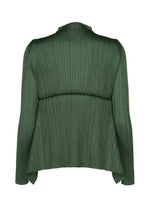 A back view of FLUTTER by PLEATS PLEASE ISSEY MIYAKE—a green, long-sleeved, pleated blouse featuring an asymmetrical hem. The textured vertical ribbed fabric gives this piece the sophisticated appeal of a distinctive cardigan.