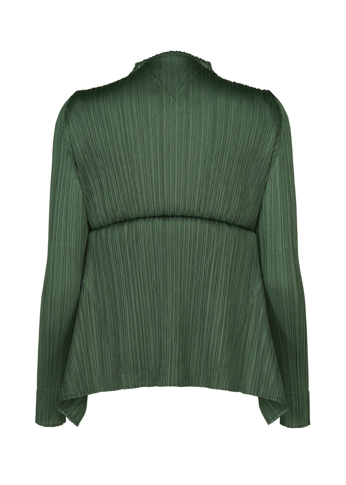 Zoomed view A back view of FLUTTER by PLEATS PLEASE ISSEY MIYAKE—a green, long-sleeved, pleated blouse featuring an asymmetrical hem. The textured vertical ribbed fabric gives this piece the sophisticated appeal of a distinctive cardigan.