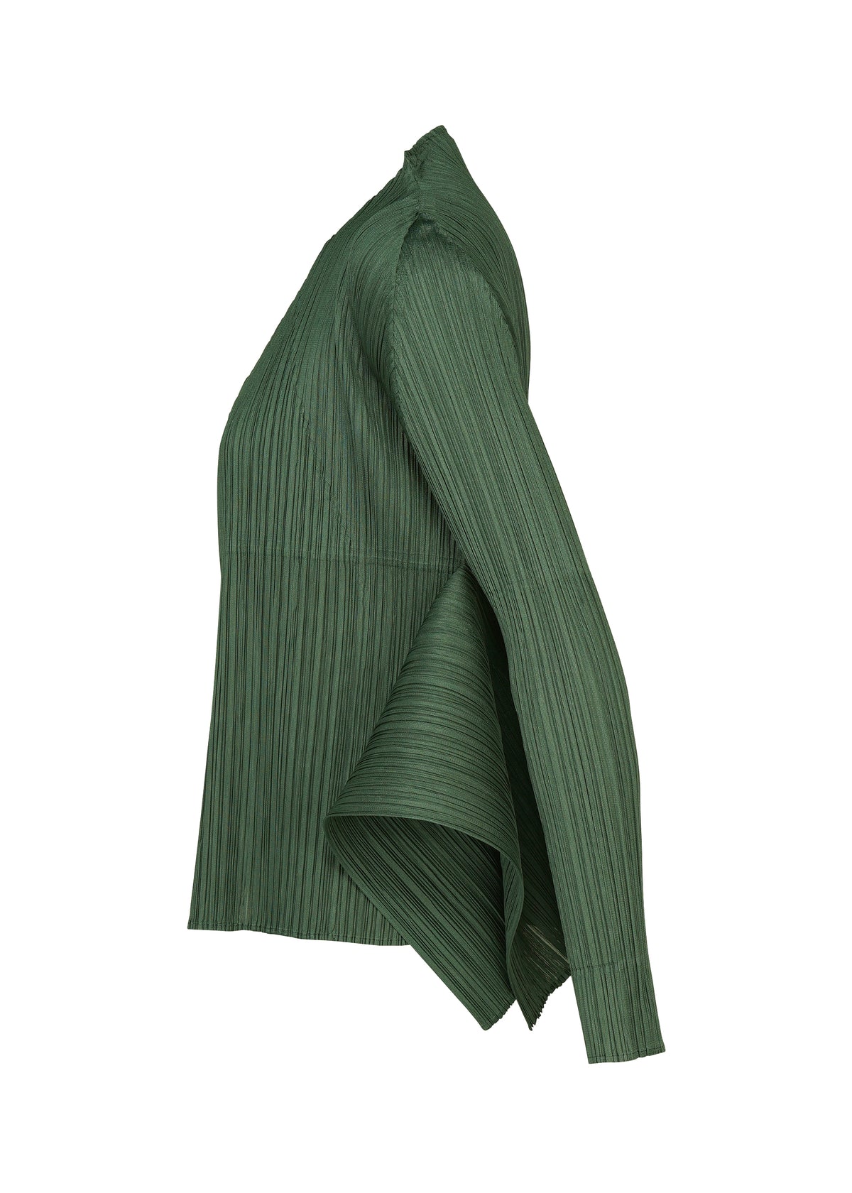Side view of the FLUTTER blouse by PLEATS PLEASE ISSEY MIYAKE, a long-sleeved, dark green pleated top featuring an asymmetrical layered design and flared hem. This unique cardigan-inspired piece showcases fabric with a subtle vertical striped texture, enhancing its modern silhouette. view 4 of 9