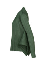Side view of the FLUTTER blouse by PLEATS PLEASE ISSEY MIYAKE, a long-sleeved, dark green pleated top featuring an asymmetrical layered design and flared hem. This unique cardigan-inspired piece showcases fabric with a subtle vertical striped texture, enhancing its modern silhouette.