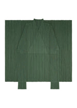 A flat-lay photo of the FLUTTER green pleated kimono-style garment by PLEATS PLEASE ISSEY MIYAKE, featuring wide sleeves and a deep V neckline, styled as a unique cardigan and displayed against a white background.