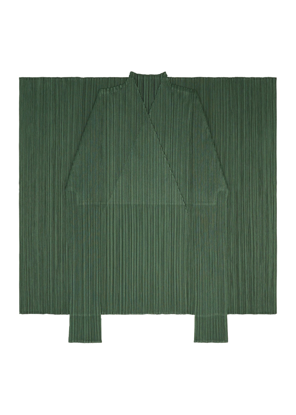 Zoomed view A flat-lay photo of the FLUTTER green pleated kimono-style garment by PLEATS PLEASE ISSEY MIYAKE, featuring wide sleeves and a deep V neckline, styled as a unique cardigan and displayed against a white background.