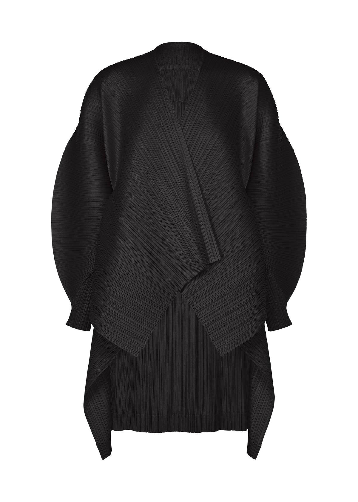 Zoomed view PLEATS PLEASE ISSEY MIYAKE COCOON black pleated cardigan with an open front and voluminous rounded sleeves that create a striking silhouette. - BLACK （no.15）
