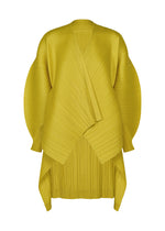 PLEATS PLEASE ISSEY MIYAKE COCOON chartreuse long-sleeved top with a v-neck, voluminous rounded sleeves, and a fine all-over pleated texture. - YELLOW OCHER （no.55）