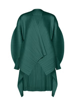 PLEATS PLEASE ISSEY MIYAKE COCOON deep green long-sleeved jacket with a striking silhouette, featuring vertical pleats, a wrap-style front, and voluminous rounded sleeves. - BLUE GREEN （no.64）