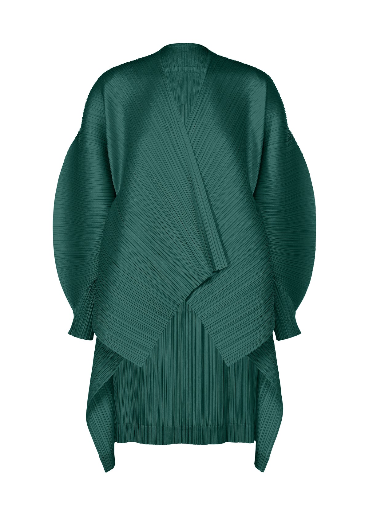 Zoomed view PLEATS PLEASE ISSEY MIYAKE COCOON deep green long-sleeved jacket with a striking silhouette, featuring vertical pleats, a wrap-style front, and voluminous rounded sleeves. - BLUE GREEN （no.64）