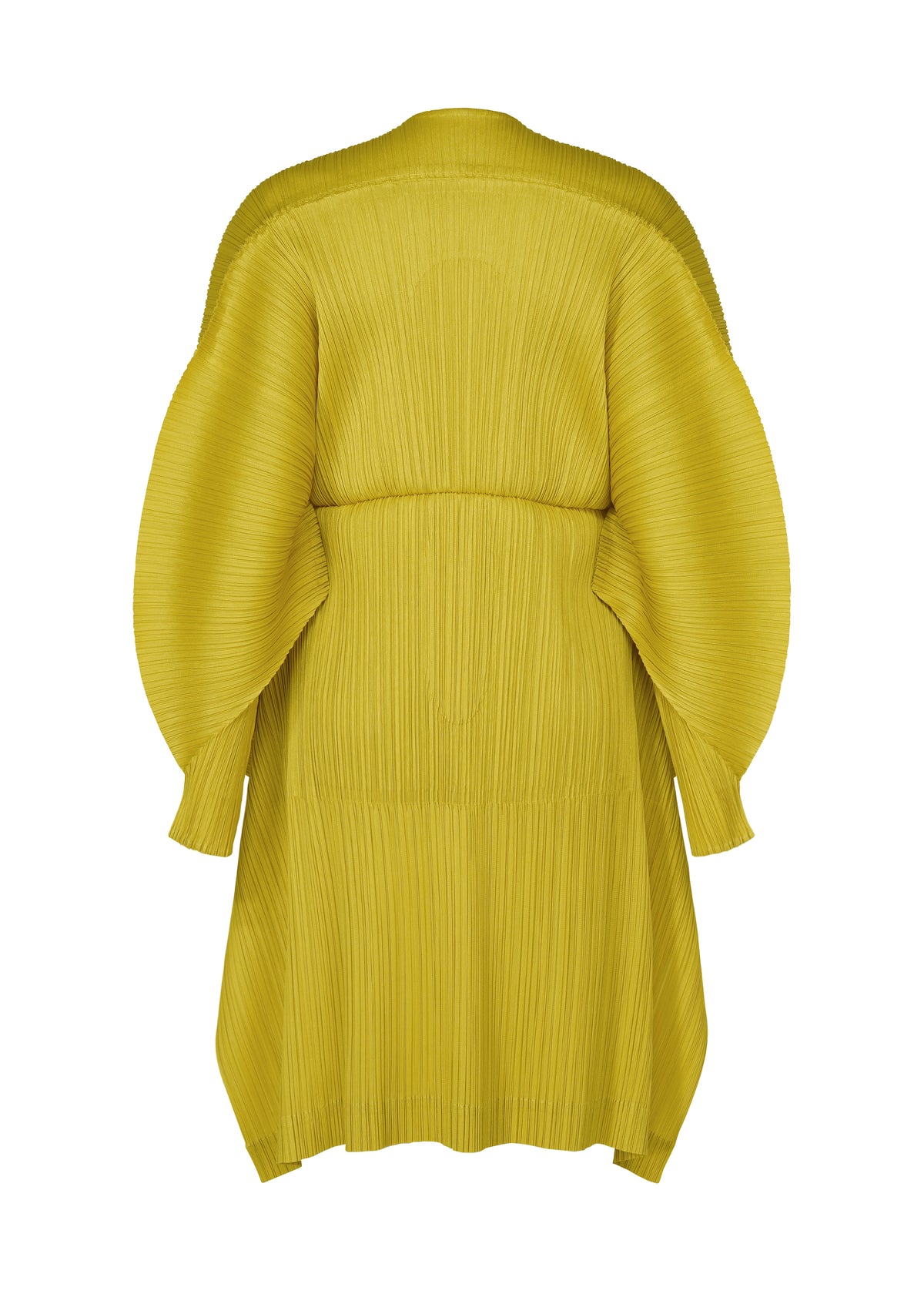 Back view of the chartreuse COCOON tunic by PLEATS PLEASE ISSEY MIYAKE, featuring a pleated, striking silhouette with oversized cocoon sleeves and a cinched waist. view 4 of 6