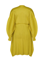 Back view of the chartreuse COCOON tunic by PLEATS PLEASE ISSEY MIYAKE, featuring a pleated, striking silhouette with oversized cocoon sleeves and a cinched waist.