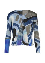 The ROLL blouse by PLEATS PLEASE ISSEY MIYAKE features long sleeves, pleats, abstract blue, black, white, and gray prints, a round neckline, and a front zip closure. - LIGHT BLUE （no.70）