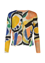 The ROLL blouse by PLEATS PLEASE ISSEY MIYAKE is a long-sleeve, pleated top with a bold abstract multicolor print (yellow, blue, orange, green, black) on a white background. - MULTI （no.94）