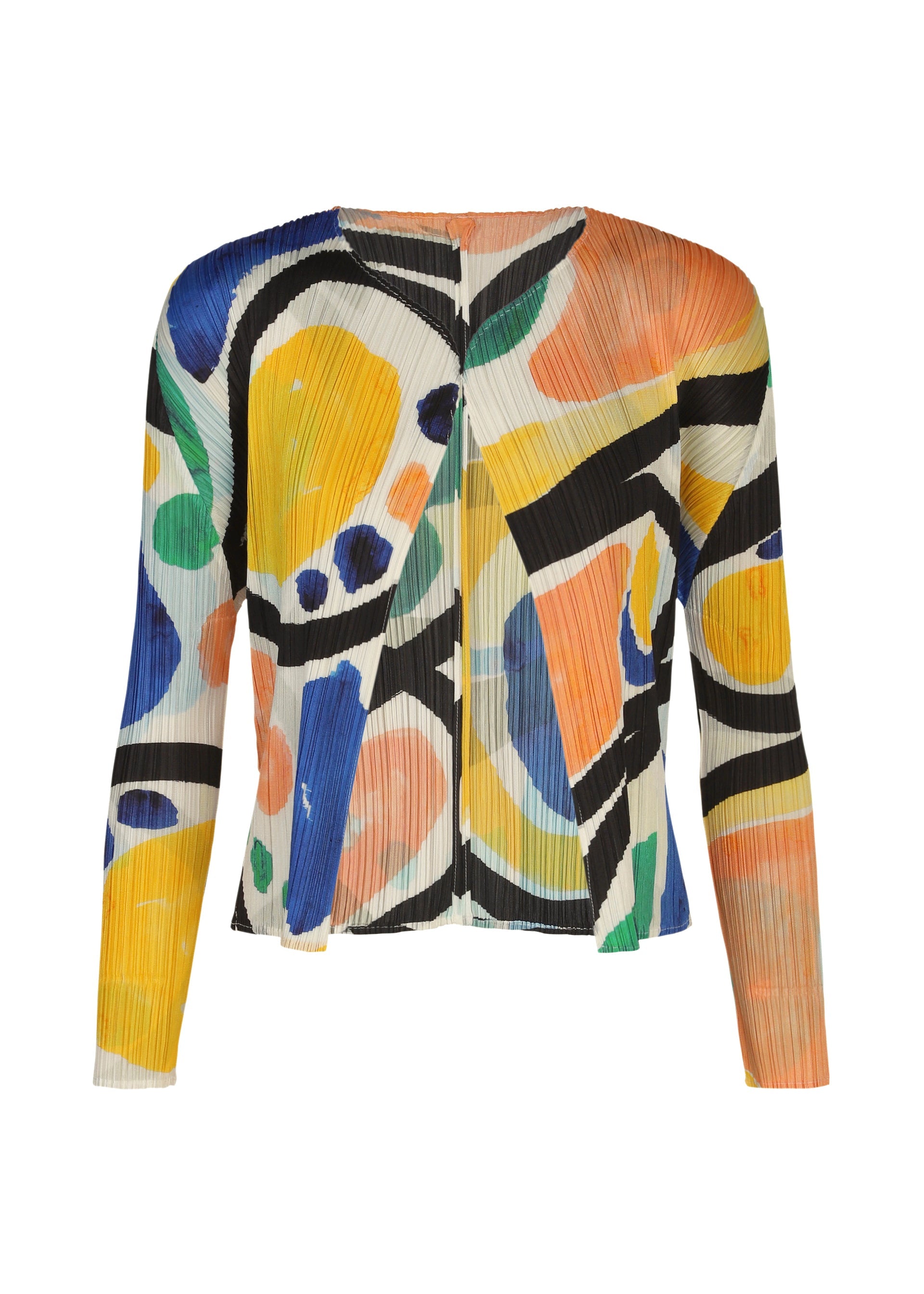 Zoomed view The ROLL blouse by PLEATS PLEASE ISSEY MIYAKE is a long-sleeve, pleated top with a bold abstract multicolor print (yellow, blue, orange, green, black) on a white background. - MULTI （no.94）