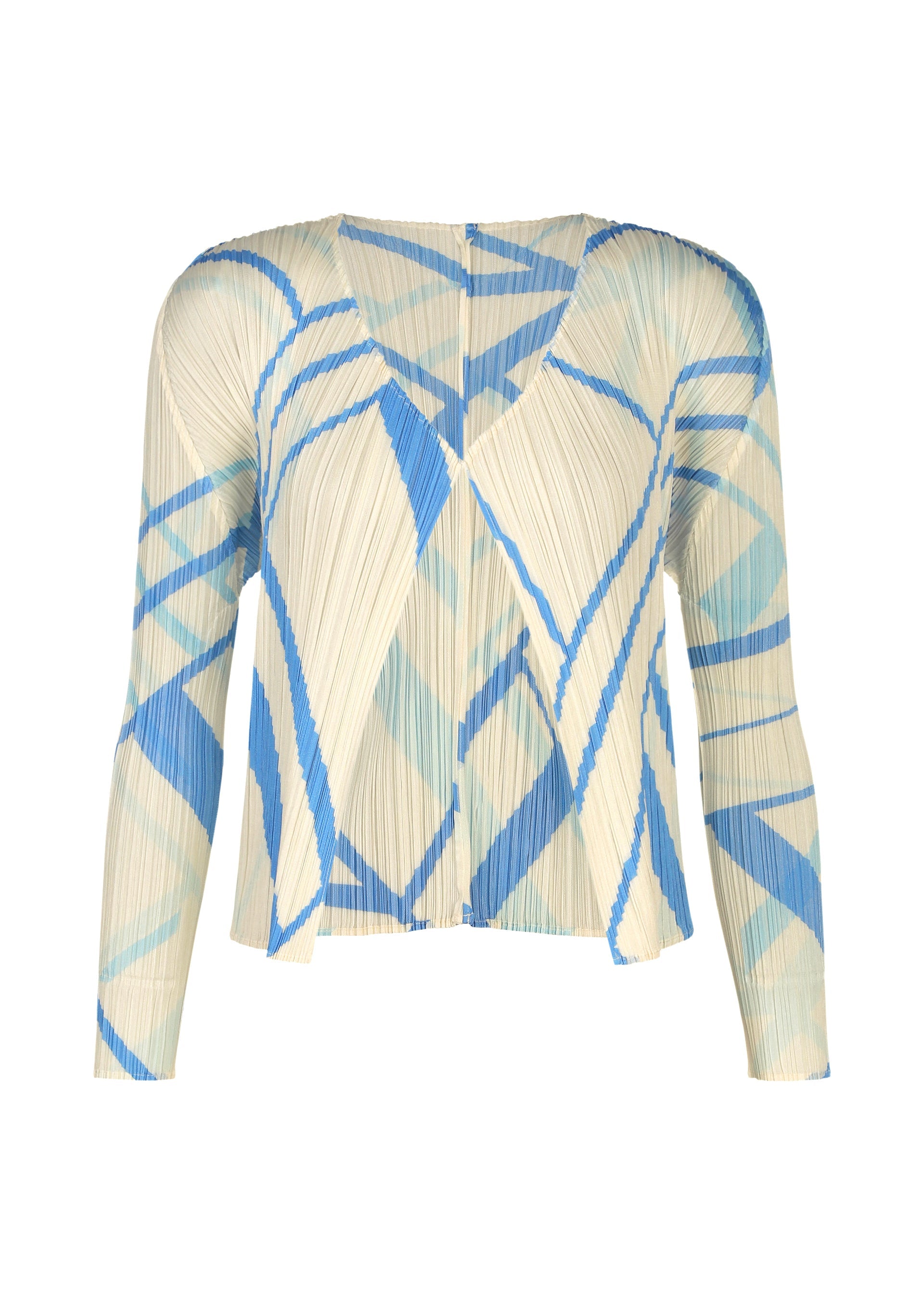 Zoomed view The FOLD LINE cardigan by PLEATS PLEASE ISSEY MIYAKE is a long-sleeve, pleated cream cardigan showcasing an abstract blue geometric line pattern and a striking minimalist design, displayed against a white background. - OFF WHITE （no.02）