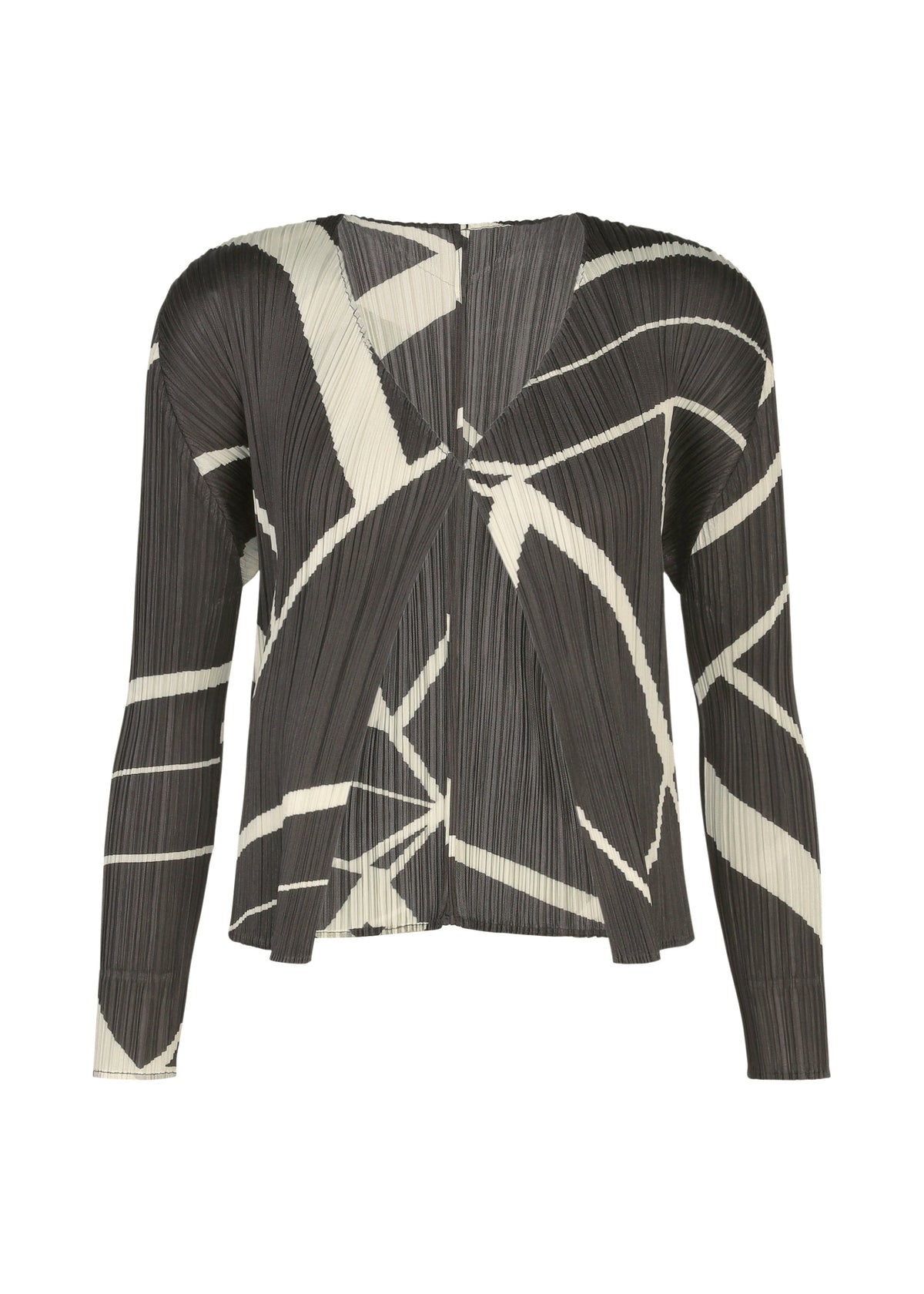 Long-sleeved, pleated FOLD LINE blouse by PLEATS PLEASE ISSEY MIYAKE, showcasing an abstract black and white pattern with angular shapes and a slightly asymmetric hem. The minimalist design is highlighted by subtle diagonal wrapping details throughout. view 2 of 7