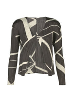 Long-sleeved, pleated FOLD LINE blouse by PLEATS PLEASE ISSEY MIYAKE, showcasing an abstract black and white pattern with angular shapes and a slightly asymmetric hem. The minimalist design is highlighted by subtle diagonal wrapping details throughout. - CHARCOAL （no.17）