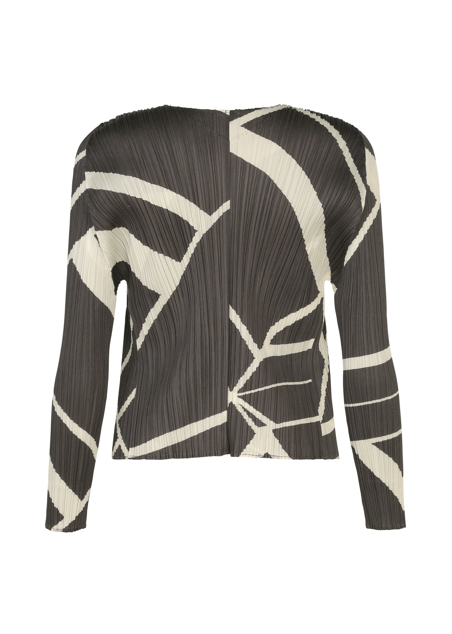 Zoomed view Long-sleeved, pleated top from PLEATS PLEASE ISSEY MIYAKE’s FOLD LINE collection, shown from the back. The black and white abstract geometric pattern features bold, irregular lines and shapes, creating a modern graphic look inspired by minimalist design.