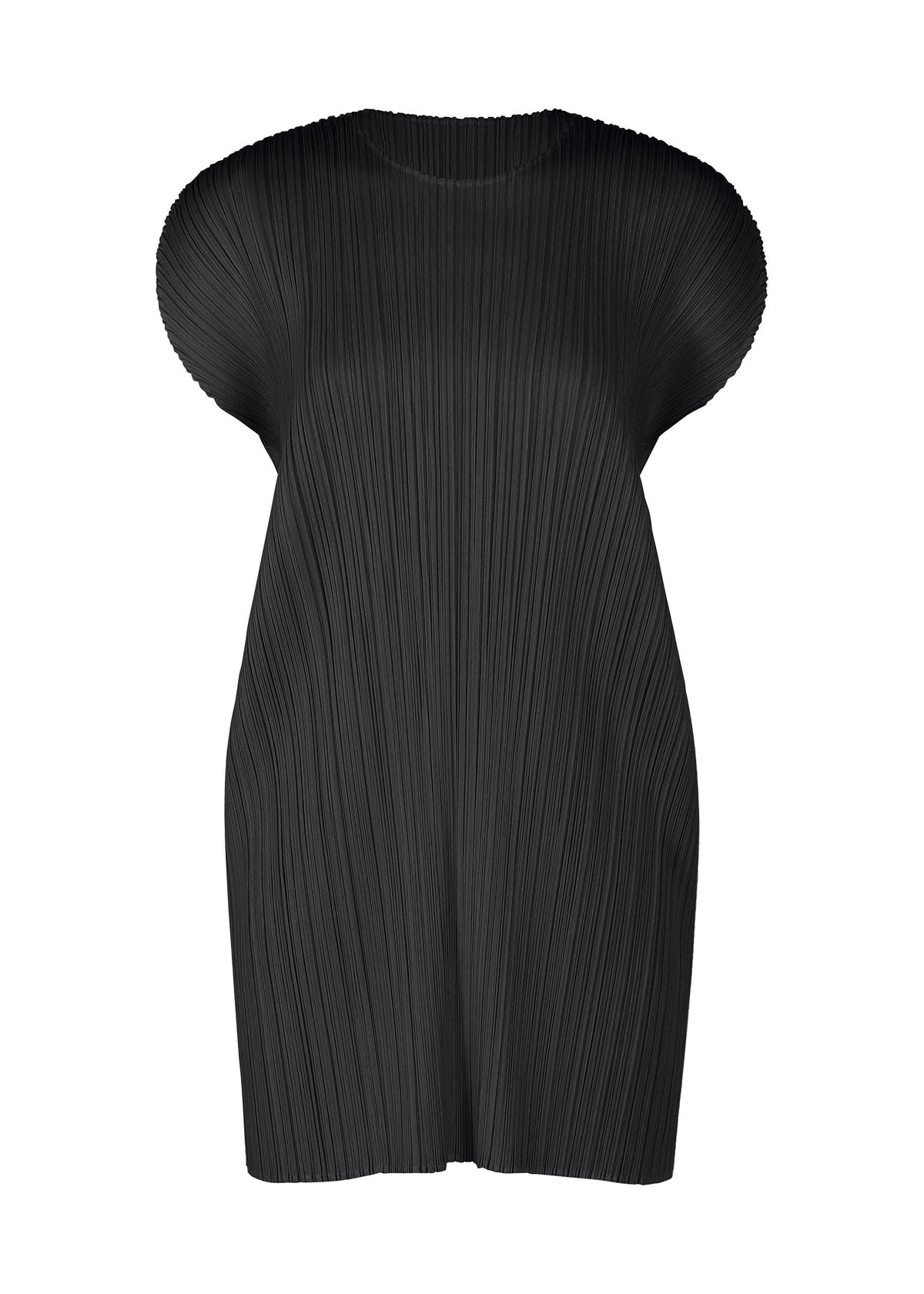 The PLEATS PLEASE ISSEY MIYAKE MONTHLY COLORS: JULY is a black short-sleeved tunic dress featuring a round neckline and vertical pleats, shown against a plain white background. view 1 of 11