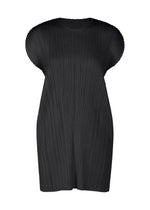The PLEATS PLEASE ISSEY MIYAKE MONTHLY COLORS: JULY is a black short-sleeved tunic dress featuring a round neckline and vertical pleats, shown against a plain white background. - BLACK （no.15）