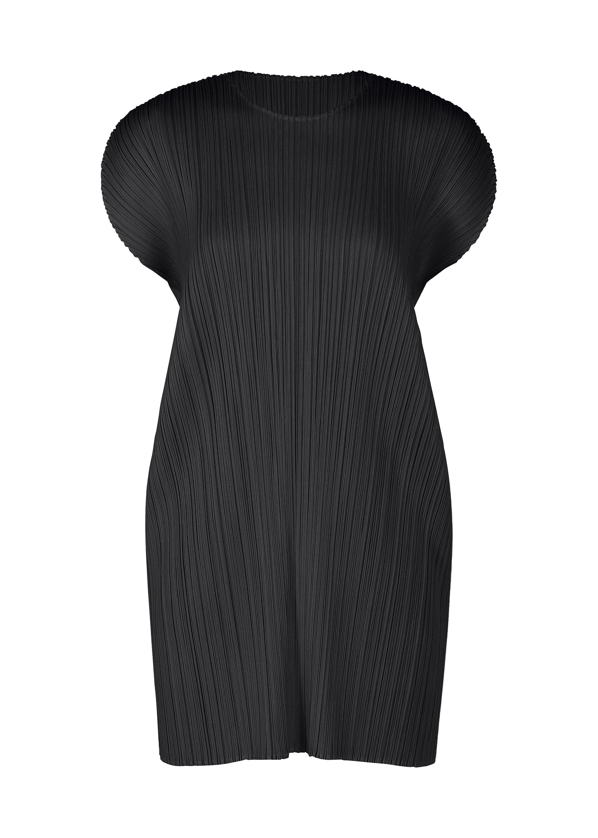Zoomed view The PLEATS PLEASE ISSEY MIYAKE MONTHLY COLORS: JULY is a black short-sleeved tunic dress featuring a round neckline and vertical pleats, shown against a plain white background. - BLACK （no.15）