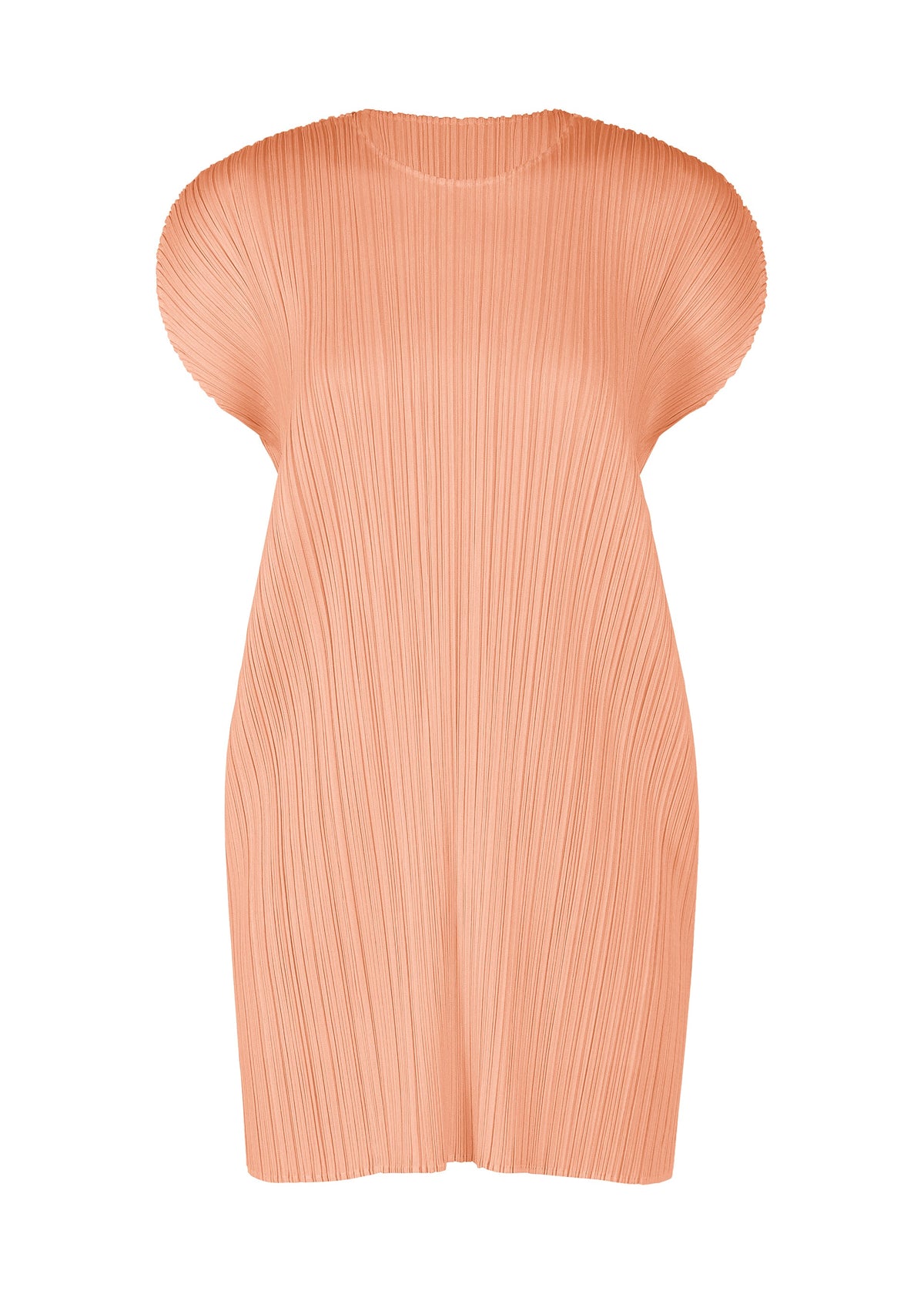 The MONTHLY COLORS : JULY tunic dress by PLEATS PLEASE ISSEY MIYAKE features peach color, short sleeves, a round neck, and vertical accordion pleats, shown on a white background. view 2 of 11