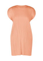 The MONTHLY COLORS : JULY tunic dress by PLEATS PLEASE ISSEY MIYAKE features peach color, short sleeves, a round neck, and vertical accordion pleats, shown on a white background. - PALE ORANGE （no.30）