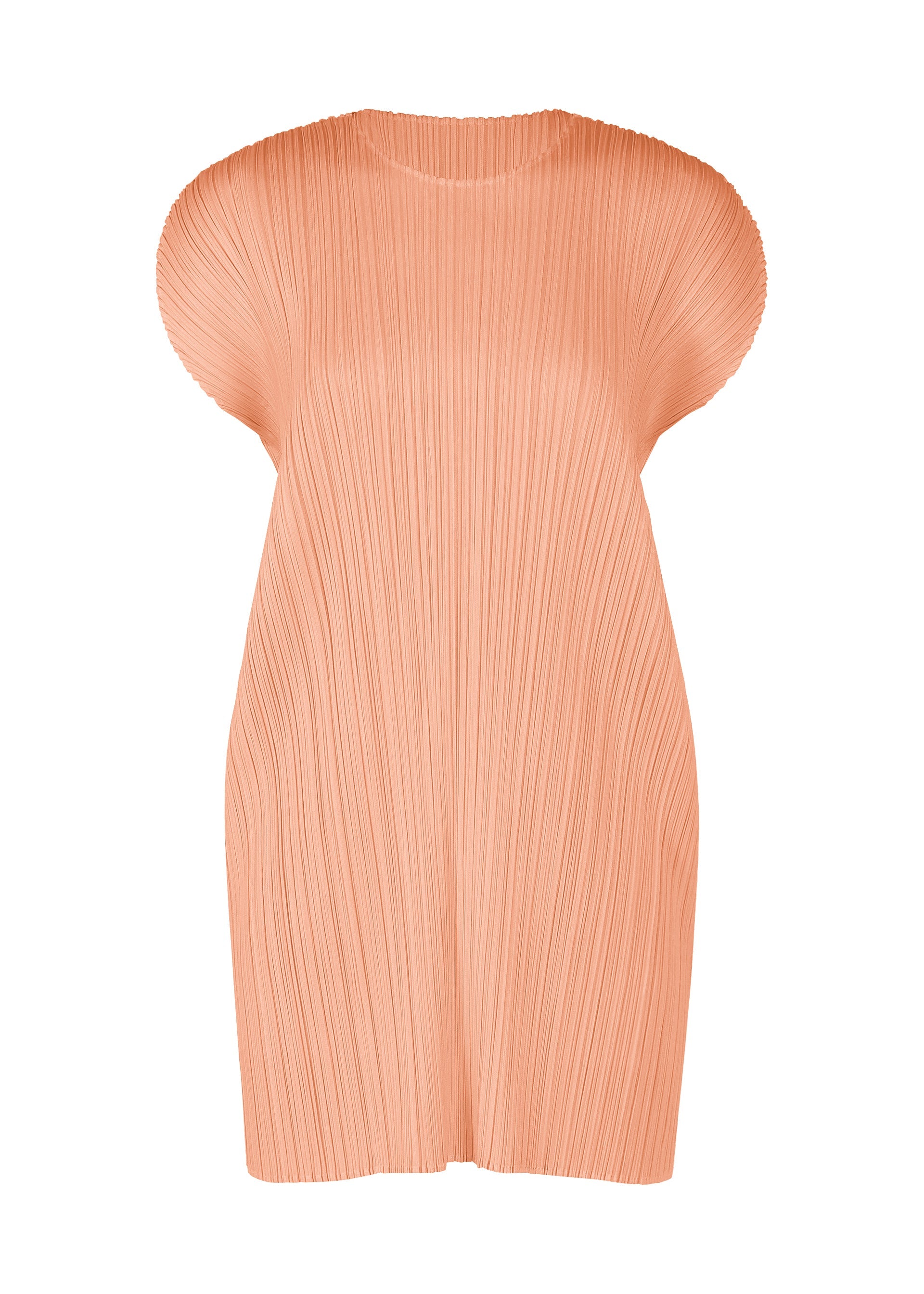 Zoomed view The MONTHLY COLORS : JULY tunic dress by PLEATS PLEASE ISSEY MIYAKE features peach color, short sleeves, a round neck, and vertical accordion pleats, shown on a white background. - PALE ORANGE （no.30）