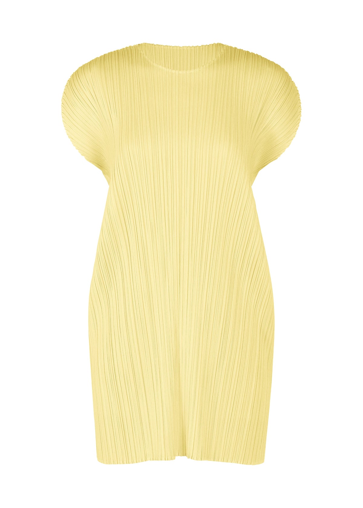 The MONTHLY COLORS : JULY tunic by PLEATS PLEASE ISSEY MIYAKE is a light yellow, short-sleeved piece with a high neckline and crinkled pleated texture, shown on a plain white background. view 3 of 11