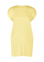 The MONTHLY COLORS : JULY tunic by PLEATS PLEASE ISSEY MIYAKE is a light yellow, short-sleeved piece with a high neckline and crinkled pleated texture, shown on a plain white background. - PALE YELLOW （no.50）