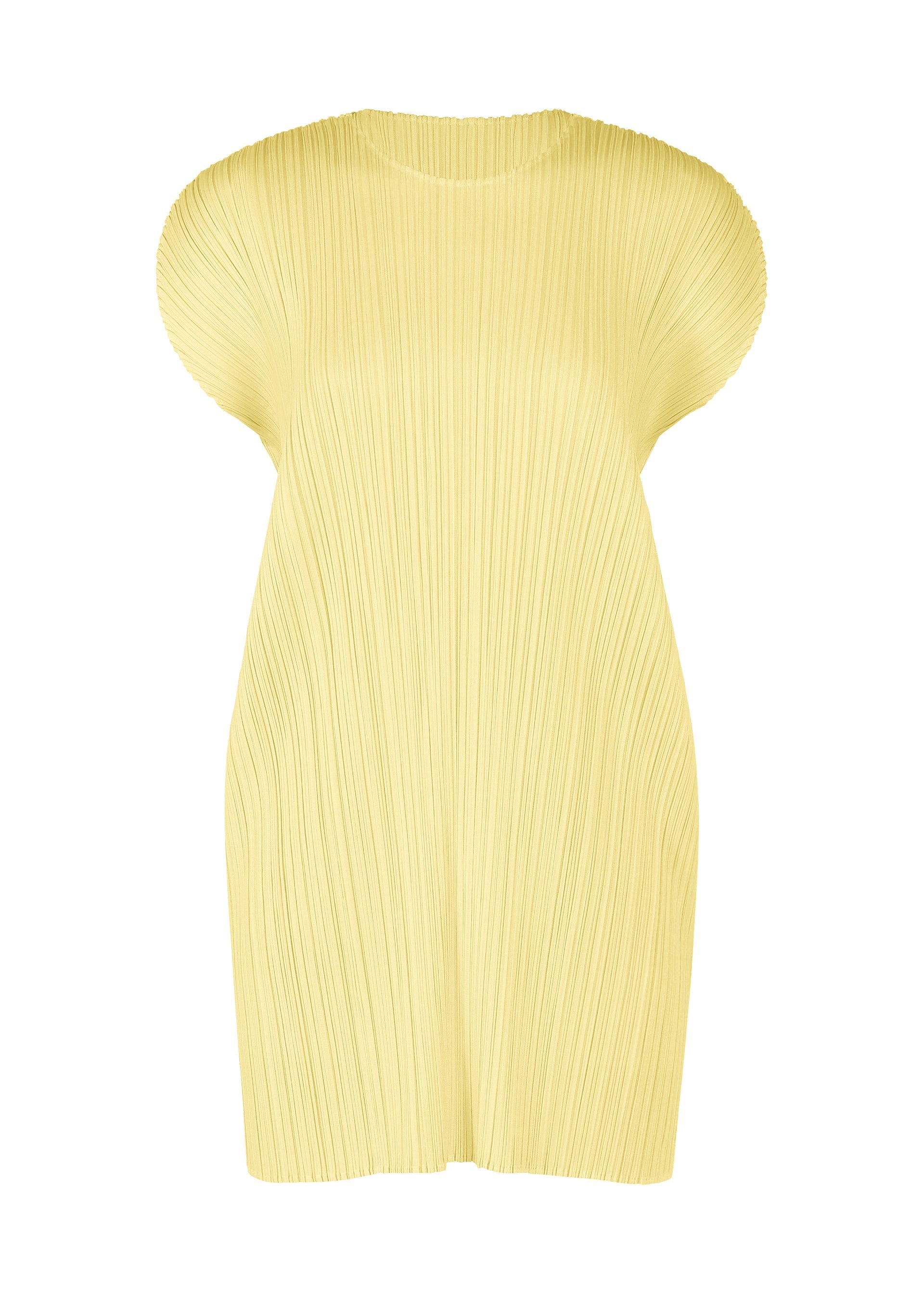Zoomed view The MONTHLY COLORS : JULY tunic by PLEATS PLEASE ISSEY MIYAKE is a light yellow, short-sleeved piece with a high neckline and crinkled pleated texture, shown on a plain white background. - PALE YELLOW （no.50）