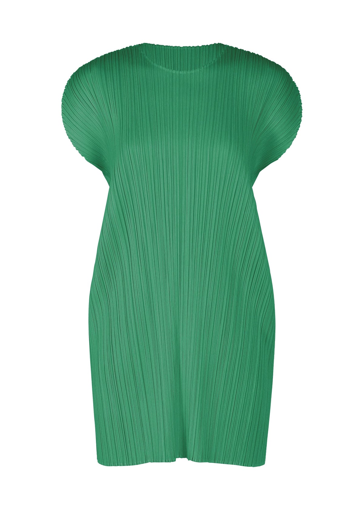 The MONTHLY COLORS : JULY tunic dress by PLEATS PLEASE ISSEY MIYAKE features a bright green hue, fine vertical pleats, a round neck, and a relaxed silhouette. Its lightweight textured fabric creates a modern, sculptural look. view 4 of 11