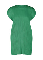 The MONTHLY COLORS : JULY tunic dress by PLEATS PLEASE ISSEY MIYAKE features a bright green hue, fine vertical pleats, a round neck, and a relaxed silhouette. Its lightweight textured fabric creates a modern, sculptural look. - FRESH GREEN （no.67）