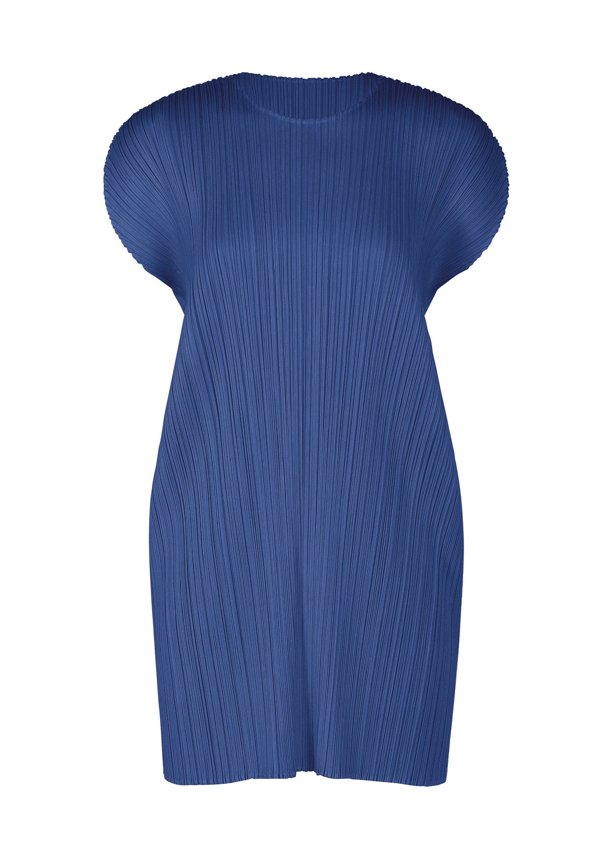 The MONTHLY COLORS : JULY dress by PLEATS PLEASE ISSEY MIYAKE is a blue, short-sleeved tunic with a round neckline, vertical pleats for texture, and a relaxed straight silhouette. view 5 of 11