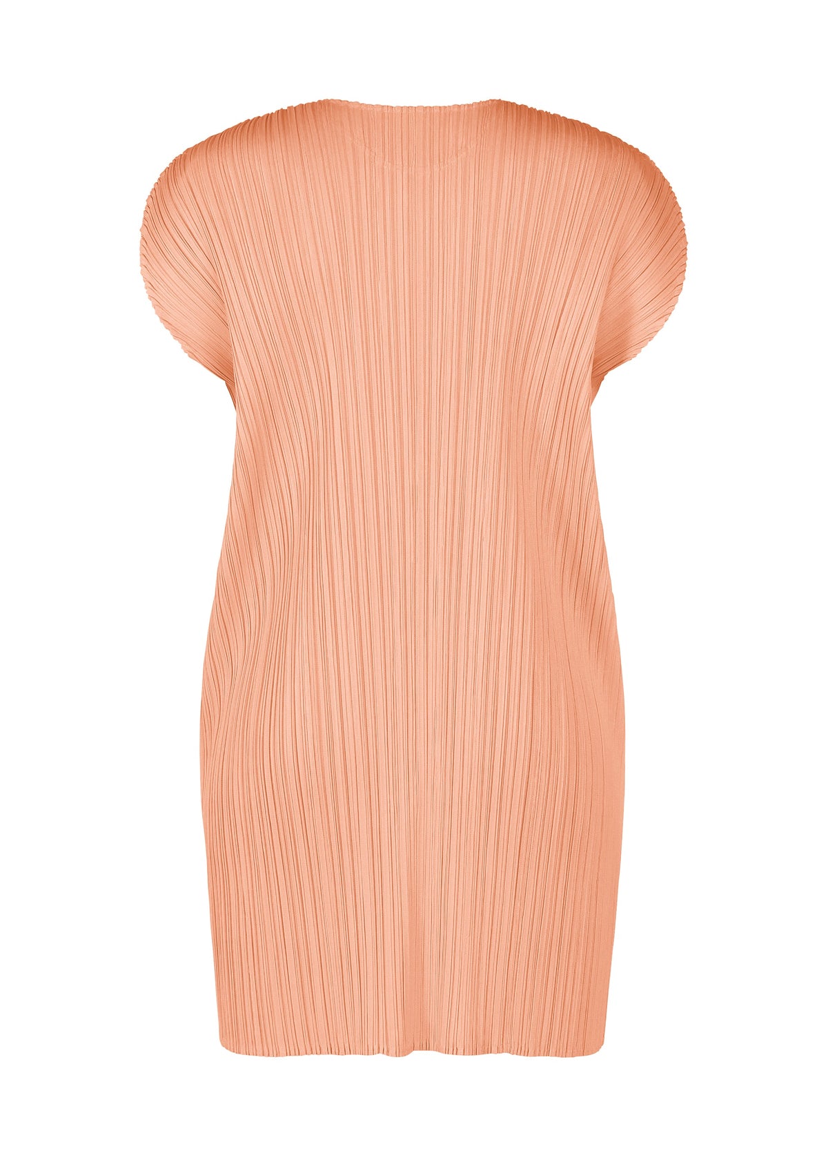 A back view of the MONTHLY COLORS : JULY tunic dress by PLEATS PLEASE ISSEY MIYAKE in peach, featuring short sleeves, a pleated texture, round neckline, and a loose, straight silhouette. view 6 of 11