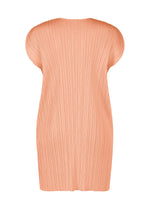 A back view of the MONTHLY COLORS : JULY tunic dress by PLEATS PLEASE ISSEY MIYAKE in peach, featuring short sleeves, a pleated texture, round neckline, and a loose, straight silhouette.