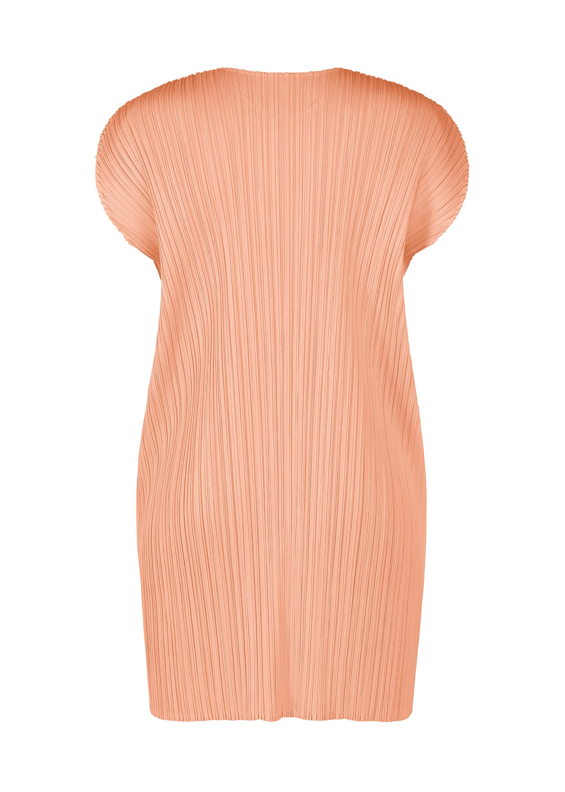 Zoomed view A back view of the MONTHLY COLORS : JULY tunic dress by PLEATS PLEASE ISSEY MIYAKE in peach, featuring short sleeves, a pleated texture, round neckline, and a loose, straight silhouette.