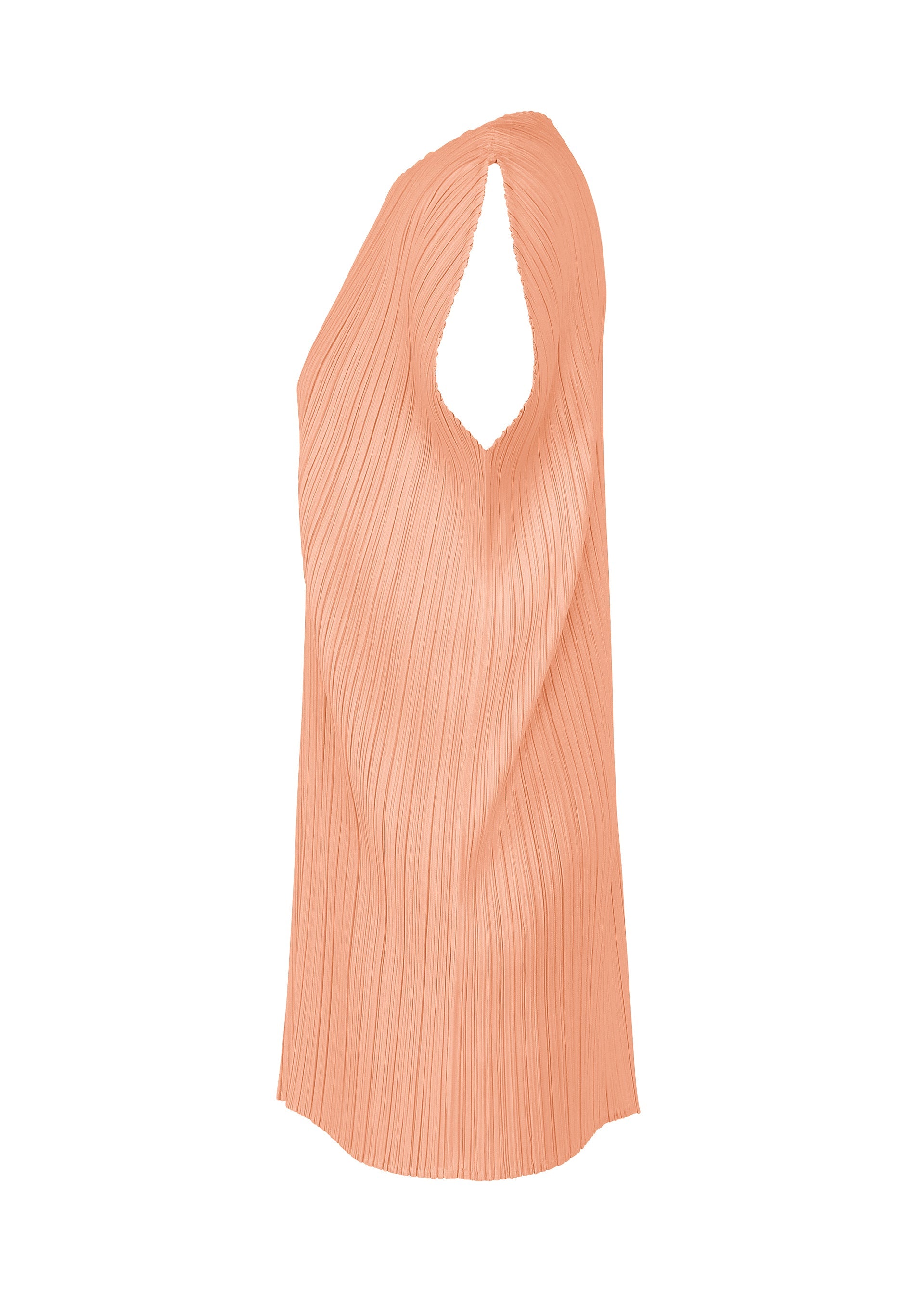 Zoomed view The MONTHLY COLORS : JULY sleeveless top by PLEATS PLEASE ISSEY MIYAKE features pleated peach fabric and an asymmetrical one-shoulder design, adding a modern twist to the classic tunic style.