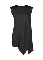 The FOLD tunic by PLEATS PLEASE ISSEY MIYAKE features a sleeveless black round-neck design with pleated texture and an asymmetrical draped fabric detail cascading from one side, making it a distinctive piece ideal for modern wardrobes. - BLACK （no.15）
