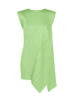 Introducing FOLD by PLEATS PLEASE ISSEY MIYAKE: a sleeveless, light green pleated top showcasing a round neck and an asymmetrical draped panel that cascades elegantly from one shoulder. - MINT GREEN （no.63）