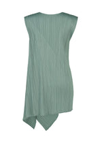 The FOLD top by PLEATS PLEASE ISSEY MIYAKE is a sleeveless, light green pleated tunic with vertical textured lines and an asymmetrical hem. Crafted from a lightweight fabric, this unique design drapes unevenly at the bottom for a modern and eye-catching look.